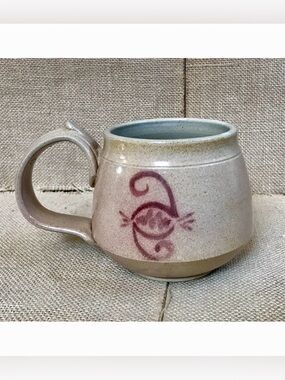 Handmade Pottery Mug Cup Double Spiral Eye Symbol Beige Brown Wide Handle
